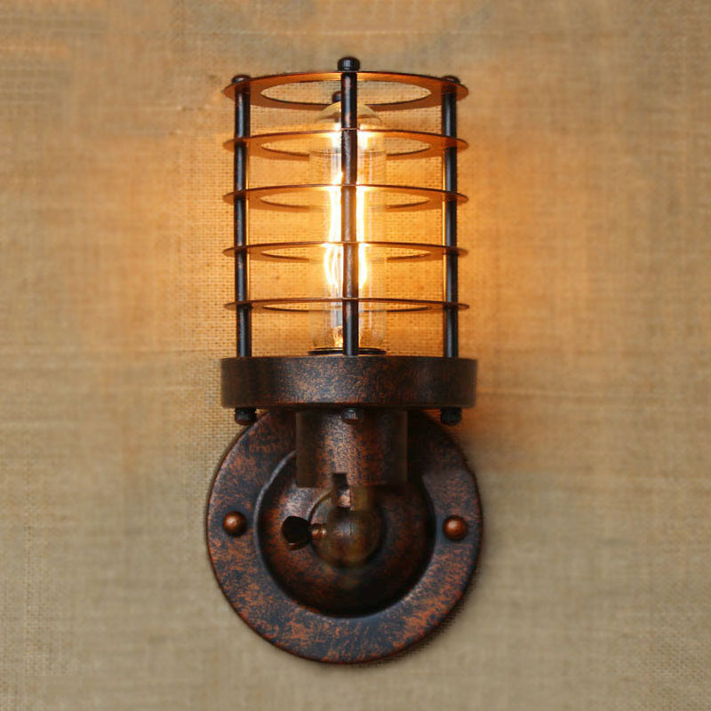 Wrought Iron Cage Wall Light - Industrial Rust/Black Finish