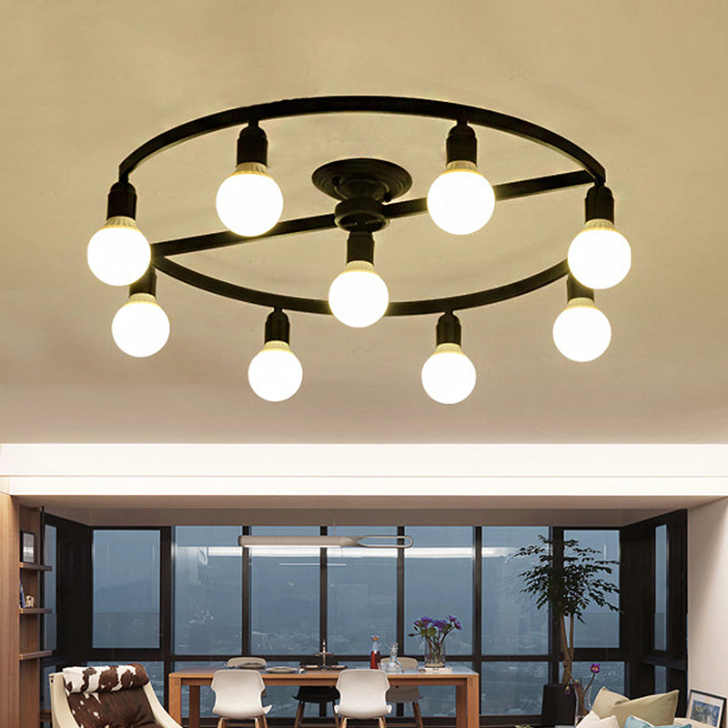 Classic Metal Semi-Flush Mount Ceiling Light with 7/9 Black Bare Bulbs for Living Room