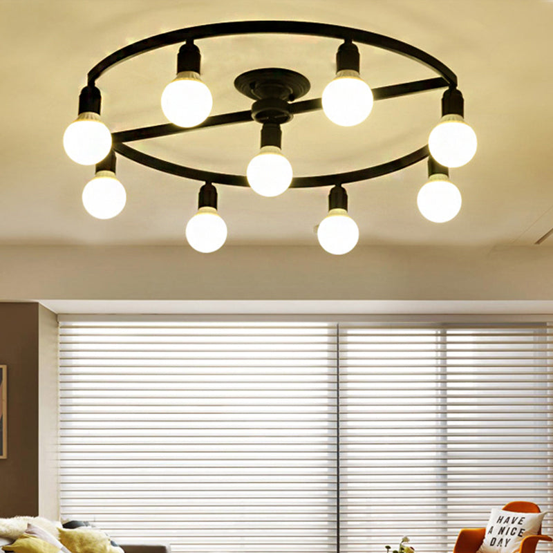 Classic Metal Semi-Flush Mount Ceiling Light with 7/9 Black Bare Bulbs for Living Room