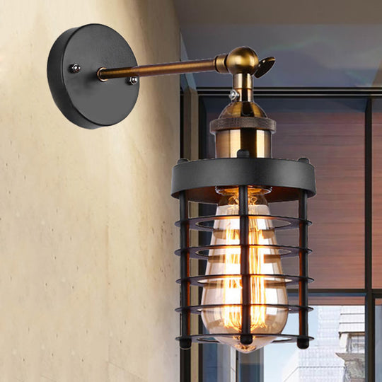 Industrial Rustic Metal Caged Wall Lighting: 1-Light Indoor Mini Wall-Mount Light With Cylindrical