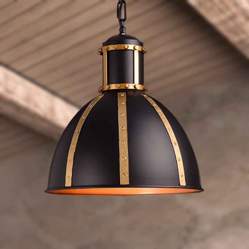 Vintage Style Black Metal Pendant Lamp With Rivet Decoration - 1 Light Dome Suspension Lighting