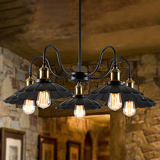 Black Scalloped Chandelier Light: Industrial Metal Pendant With 5 Heads +