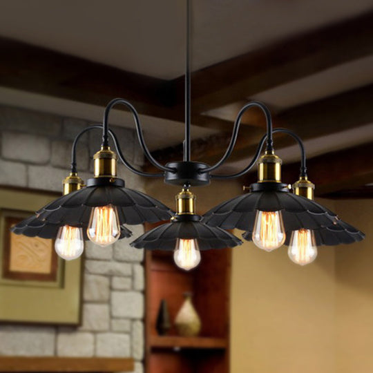 Industrial Metal Chandelier with Scalloped Design - Black Finish, 5 Heads, Indoor Pendant Lighting