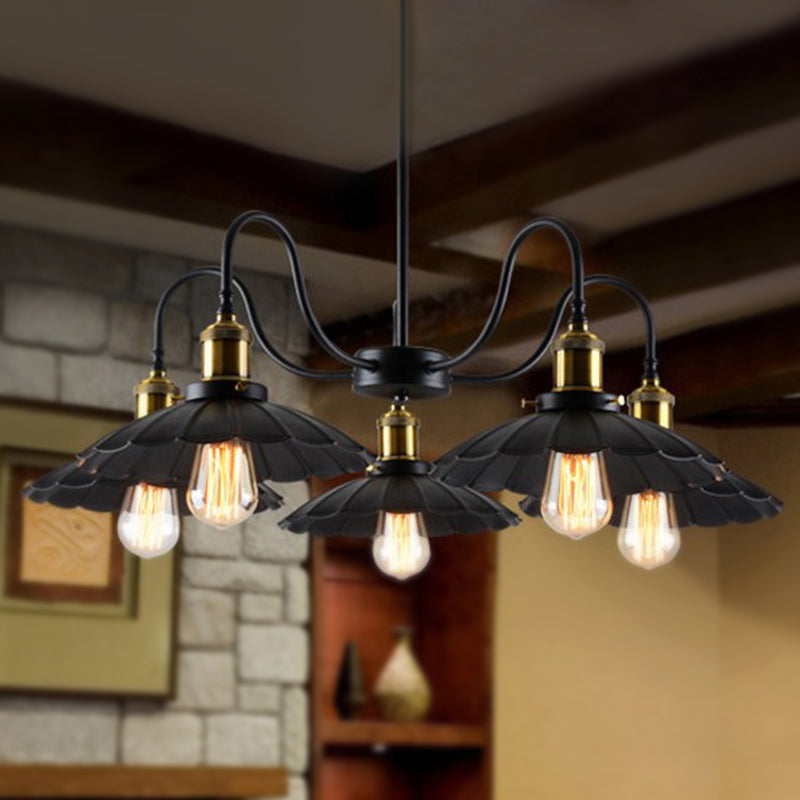 Black Scalloped Chandelier Light: Industrial Metal Pendant With 5 Heads +