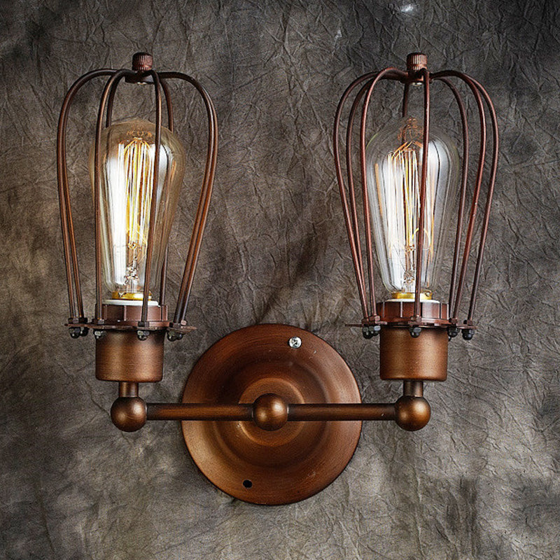 Industrial Style Caged Wall Sconce Lighting - 2-Light Metal Mini Light In Copper/Aged Silver