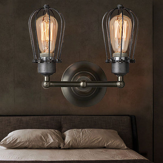 Industrial Style Caged Wall Sconce Lighting - 2-Light Metal Mini Light In Copper/Aged Silver Aged