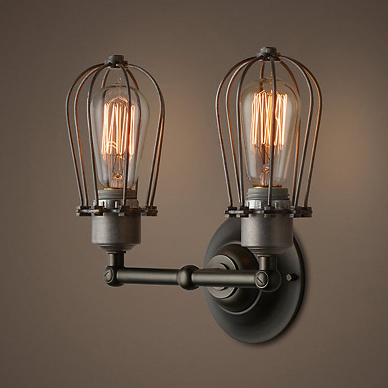 Industrial Style Caged Wall Sconce Lighting - 2-Light Metal Mini Light In Copper/Aged Silver