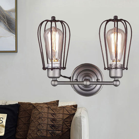 Industrial Style Caged Wall Sconce Lighting - 2-Light Metal Mini Light In Copper/Aged Silver Nickel