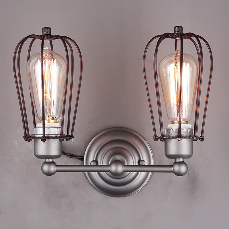 Industrial Style Caged Wall Sconce Lighting - 2-Light Metal Mini Light In Copper/Aged Silver