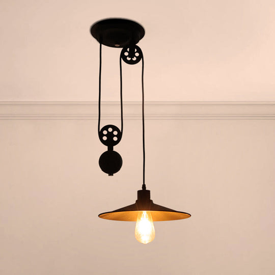 Farmhouse Style Pulley Pendant Light with Flared Shade - Black Metal Indoor Hanging Lamp