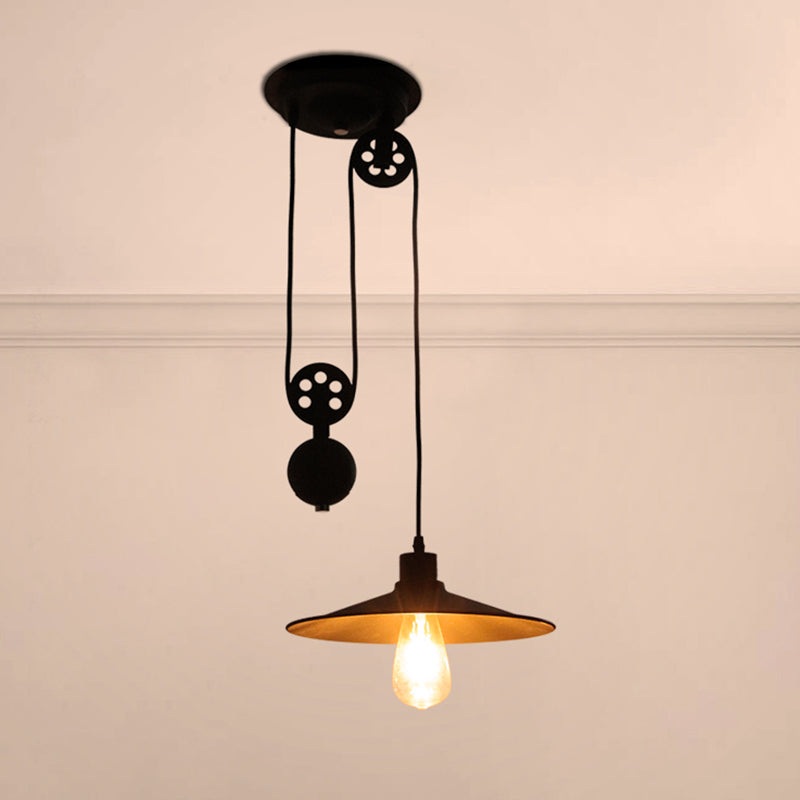 Farmhouse Style Black Metal Pendant Light With Pulley And Flared Shade For Indoor Use