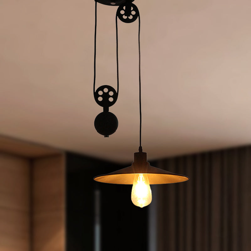 Farmhouse Style Black Metal Pendant Light With Pulley And Flared Shade For Indoor Use