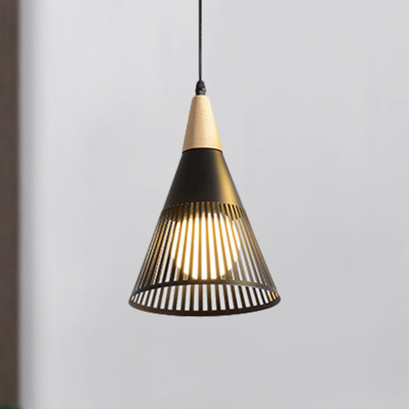 Metallic Cone Ceiling Light: Contemporary 1-Light Pendant in Black/Gold/White with Cage Shade