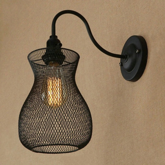 Industrial Black Metal Wall Sconce With Mesh Shade - Vase Shape Bulb Holder For Corridor