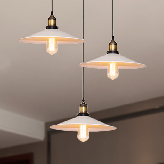 White Metal Pendant Light with 3 Industrial Saucer Hanging Ceiling Lights - Linear/Round Canopy