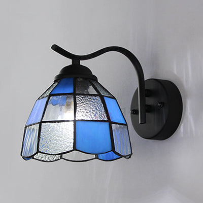 Tiffany Dome Wall Sconce Light Stained Glass 1-Light Bathroom Fixture In White/Blue Blue