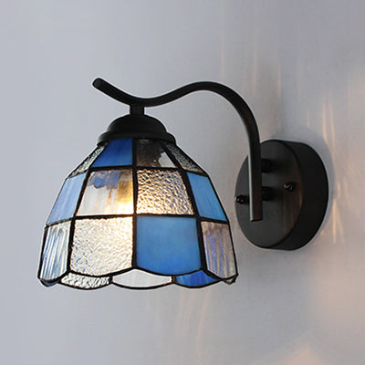 Tiffany Dome Wall Sconce Light Stained Glass 1-Light Bathroom Fixture In White/Blue