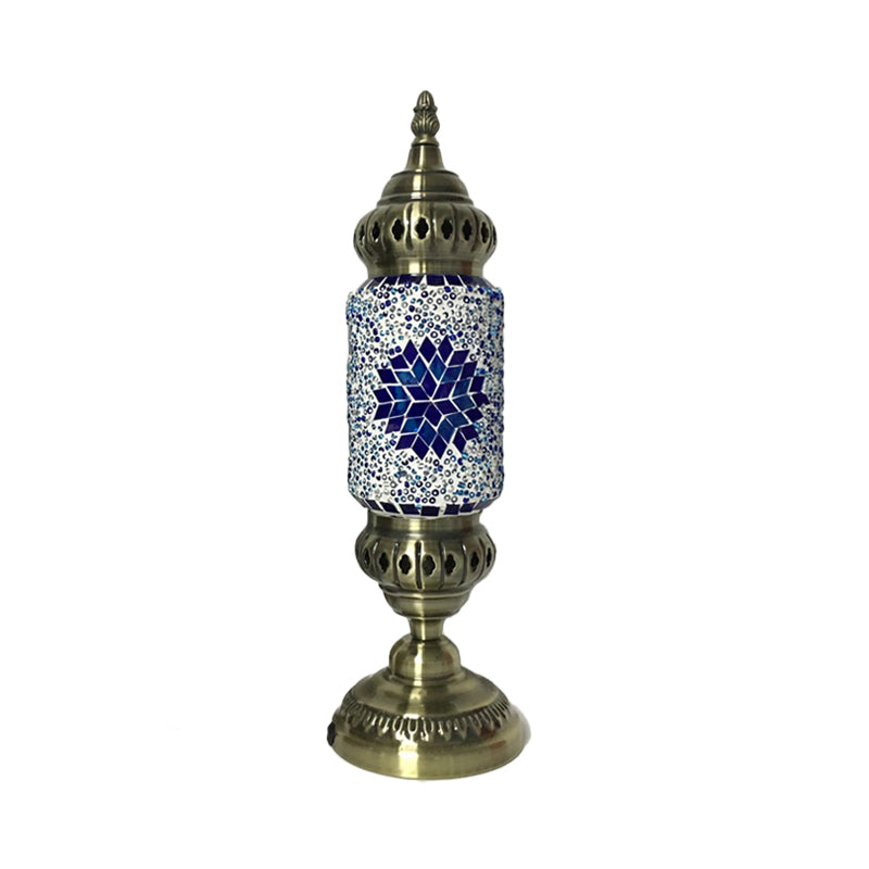 1-Bulb Cylinder Night Table Lamp With Red/Blue Glass Shade & Brass Metal Base - Task Lighting