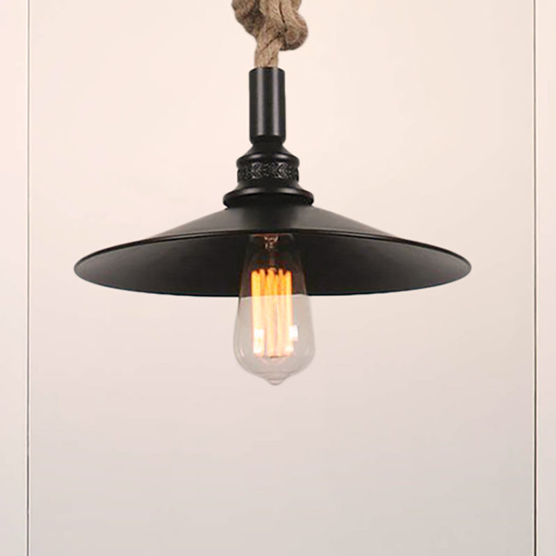 Flared Shade Dining Table Pendant Light In Farmhouse Style - Metal And Rope With 1 Head Black