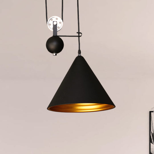 Black/White Conical Hanging Lamp with Pulley - Industrial Style Metal Pendant Lighting