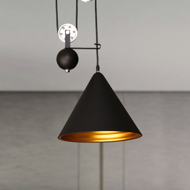 Black/White Conical Hanging Lamp with Pulley - Industrial Style Metal Pendant Lighting