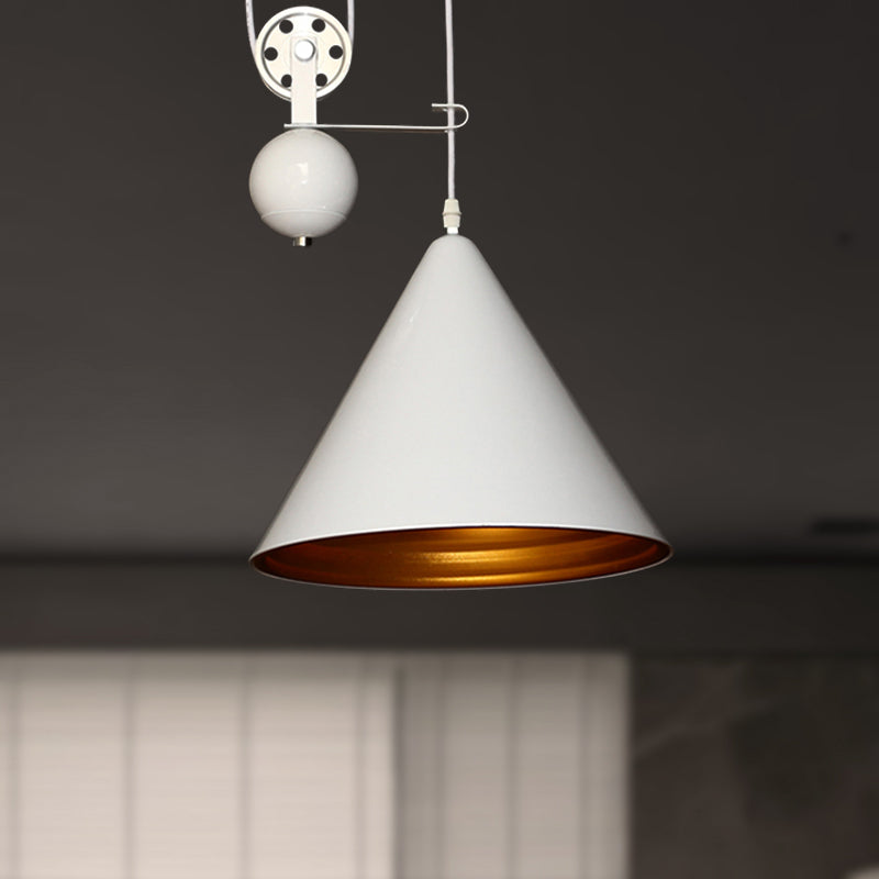 Black/White Conical Hanging Lamp with Pulley - Industrial Style Metal Pendant Lighting