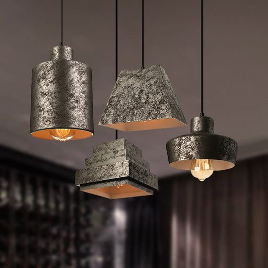 Antique Style Metal Pendant Light Set - Square/Trapezoid, 4 Lights - Adjustable Cord, Aged Black - Ideal for Restaurants