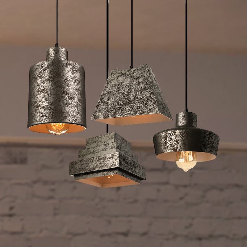 Antique Style Metal Pendant Light Set - Square/Trapezoid, 4 Lights - Adjustable Cord, Aged Black - Ideal for Restaurants