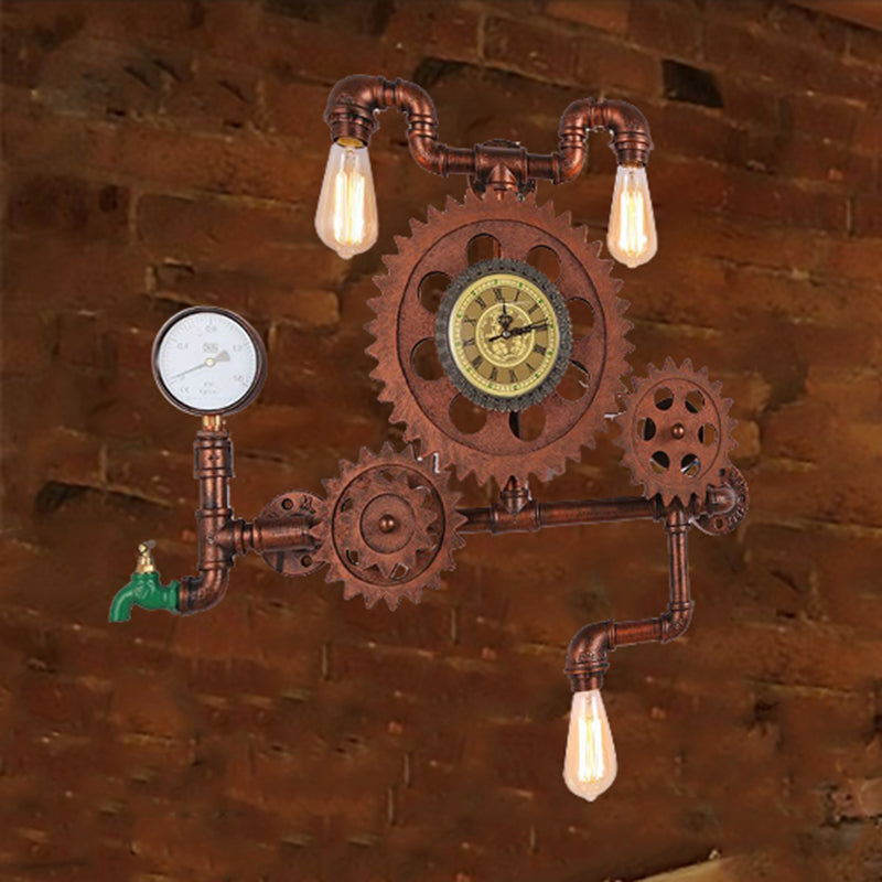 Vintage Industrial 3-Light Copper Wall Sconce With Gear Design And Faucet Details