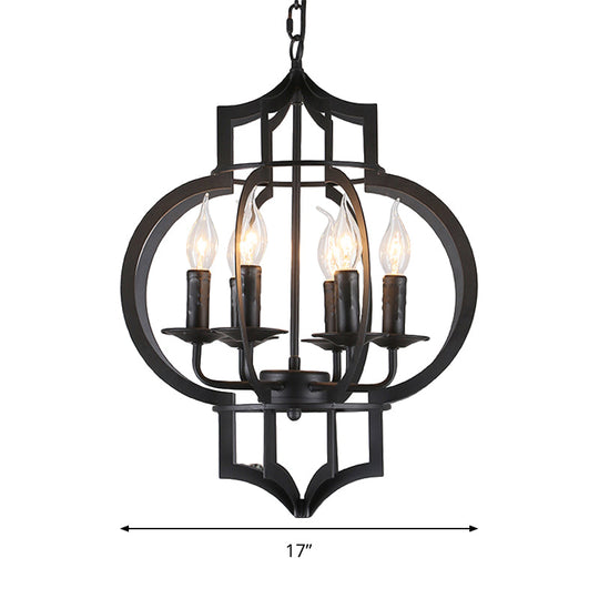 Vintage Style Wrought Iron Chandelier Light With Lantern Cage Shade - 4/6 Bulbs Medium Size Black