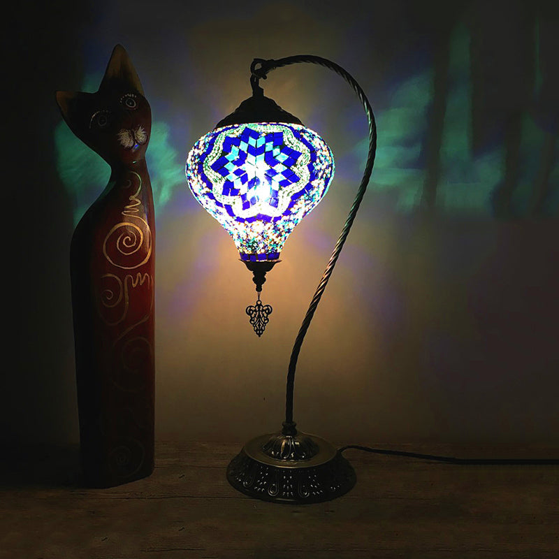 Glass Teardrop Small Desk Lamp - Antique Style With Gooseneck Metal Arm Rose Red/Sky Blue/Watermelon