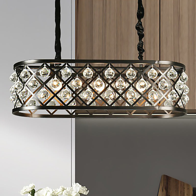 Vintage Black Chandelier With Oval Crystal And Metal Shade - 3-Light Dining Room Ceiling Lamp