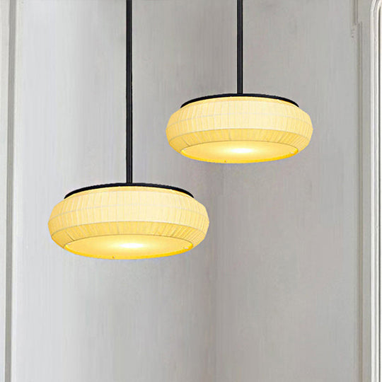 Classic White Hanging Ceiling Light With Round Fabric Shade - 1 Pendant For Living Room 16/19.5 Wide