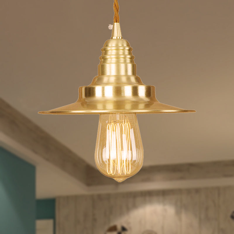 Retro Style Metal Brass Finish Pendant Light with Flat Shade - 1-Light Ceiling Fixture for Table