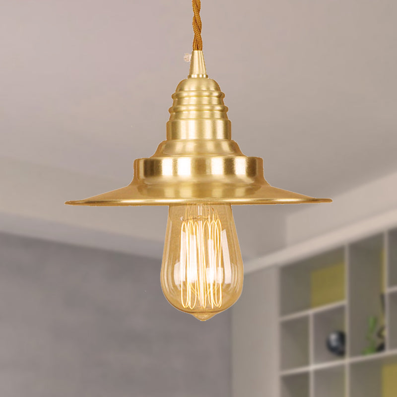 Retro Style Metal Brass Finish Pendant Light with Flat Shade - 1-Light Ceiling Fixture for Table