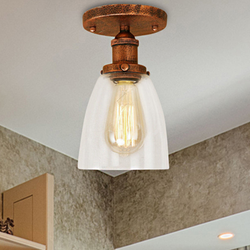 Semi Flush Mount Clear Glass Cone Industrial Ceiling Light Fixture with One Bulb in Silver/Brass/Rust