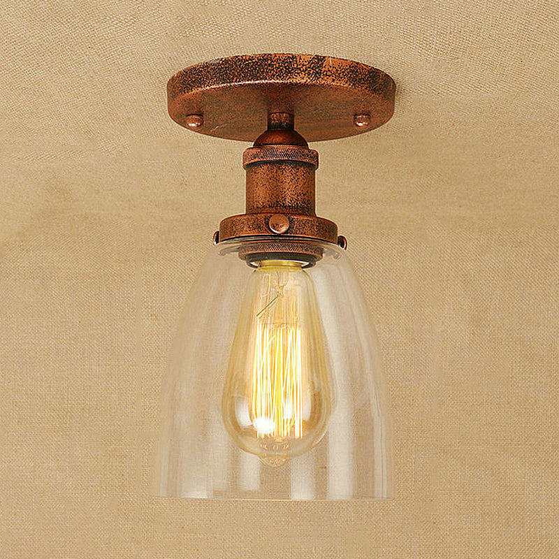 Semi Flush Mount Clear Glass Cone Industrial Ceiling Light Fixture with One Bulb in Silver/Brass/Rust