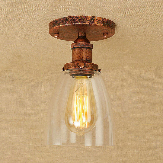 Semi Flush Mount Clear Glass Cone Industrial Ceiling Light Fixture with One Bulb in Silver/Brass/Rust