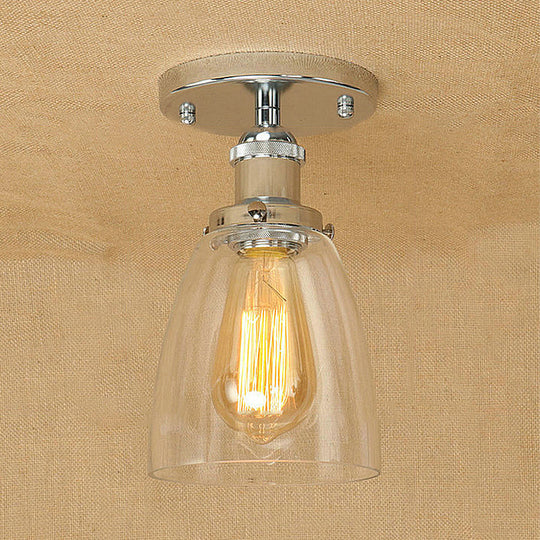 Semi Flush Mount Clear Glass Cone Industrial Ceiling Light Fixture with One Bulb in Silver/Brass/Rust