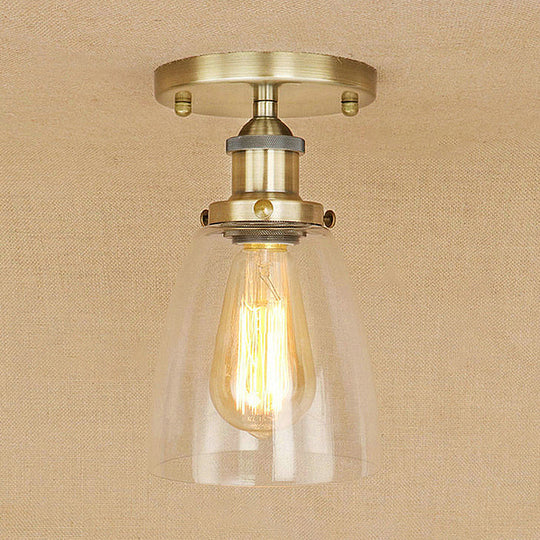 Semi Flush Mount Clear Glass Cone Industrial Ceiling Light Fixture with One Bulb in Silver/Brass/Rust