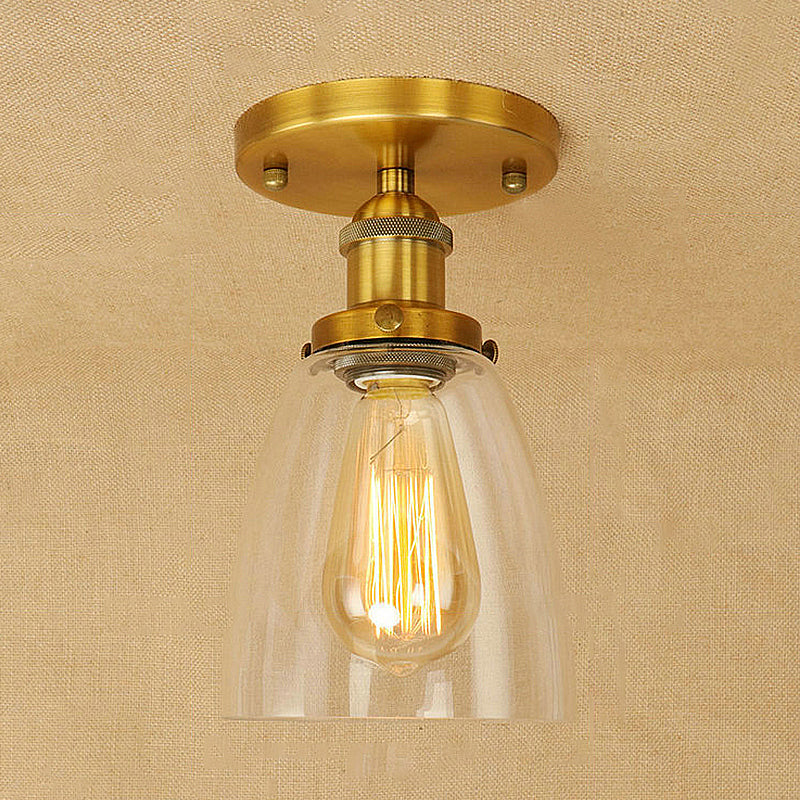 Semi Flush Mount Clear Glass Cone Industrial Ceiling Light Fixture with One Bulb in Silver/Brass/Rust