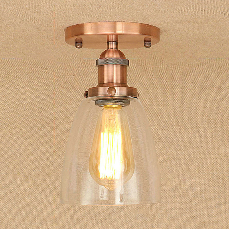 Semi Flush Mount Clear Glass Cone Industrial Ceiling Light Fixture with One Bulb in Silver/Brass/Rust