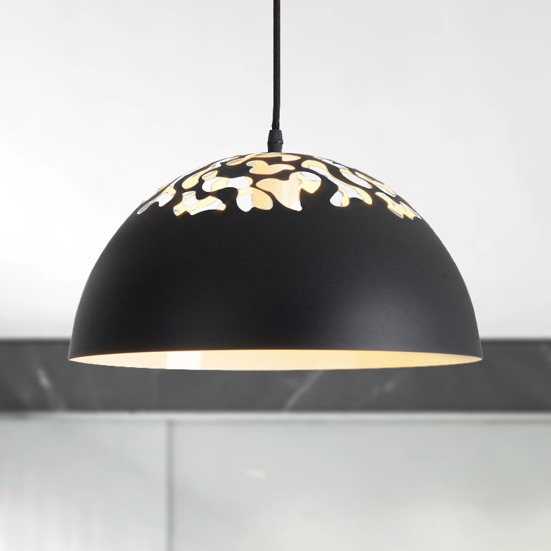 Industrial Domed Pendant Lighting - Metal Suspension Light With Hollow Out Design 1 Black/White