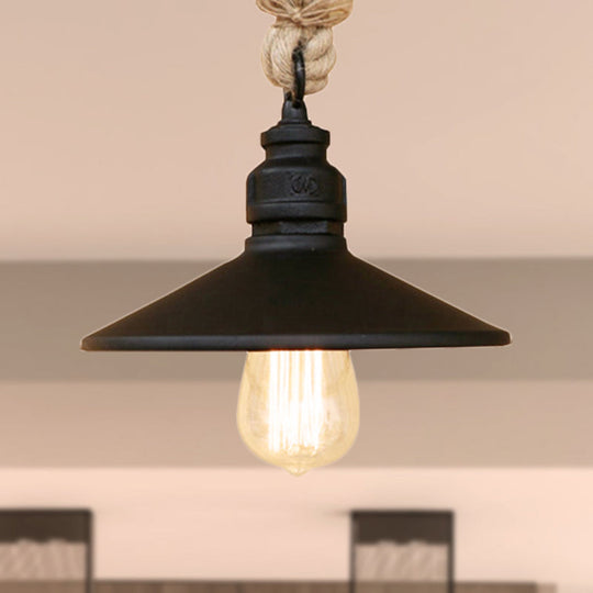 Antique Black Pendant Lamp: Stylish Farmhouse Hanging Light with Metallic Cone Shade and Rope