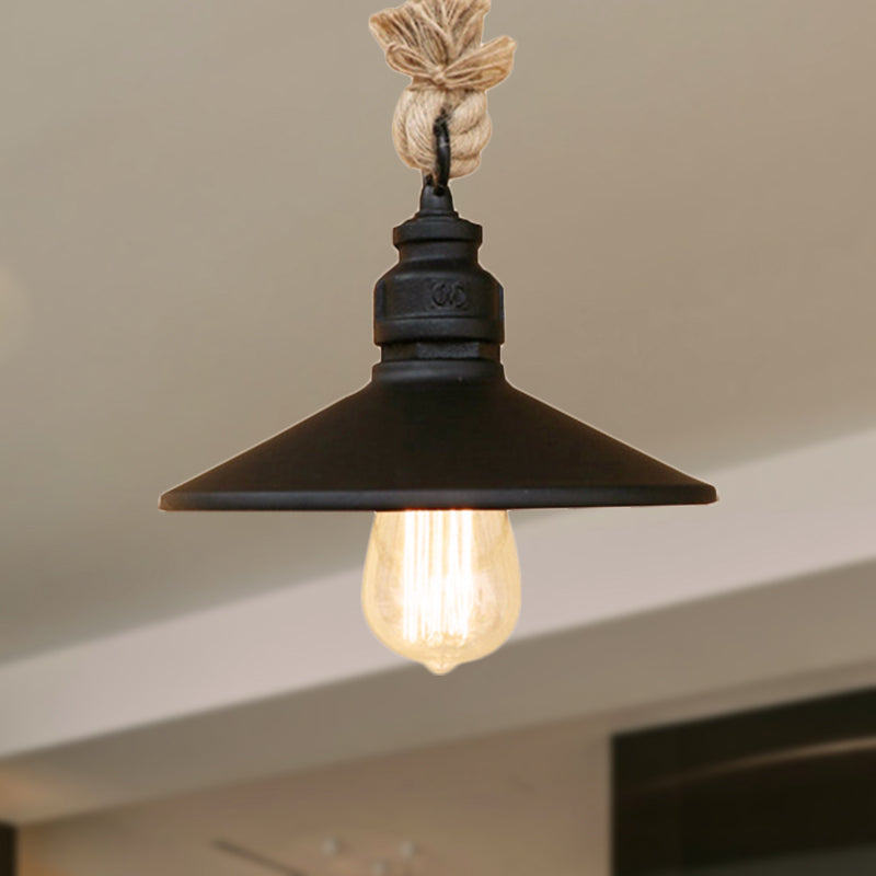 Antique Black Pendant Lamp: Stylish Farmhouse Hanging Light with Metallic Cone Shade and Rope