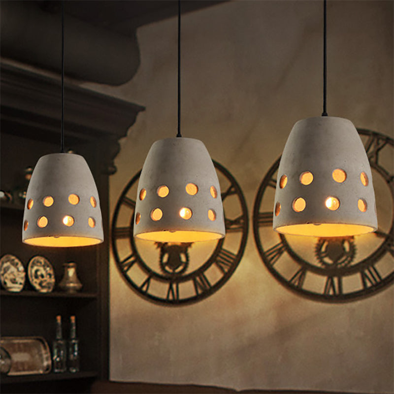 Industrial Cement Pendant Light With Hollow Design - Gray Bucket For Dining Table Grey