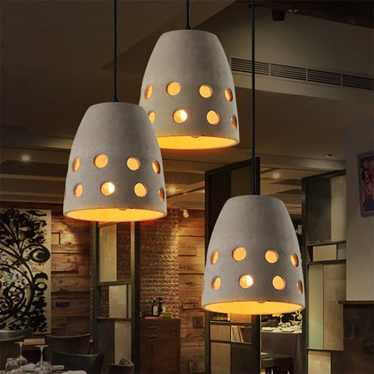 Industrial Cement Pendant Light With Hollow Design - Gray Bucket For Dining Table