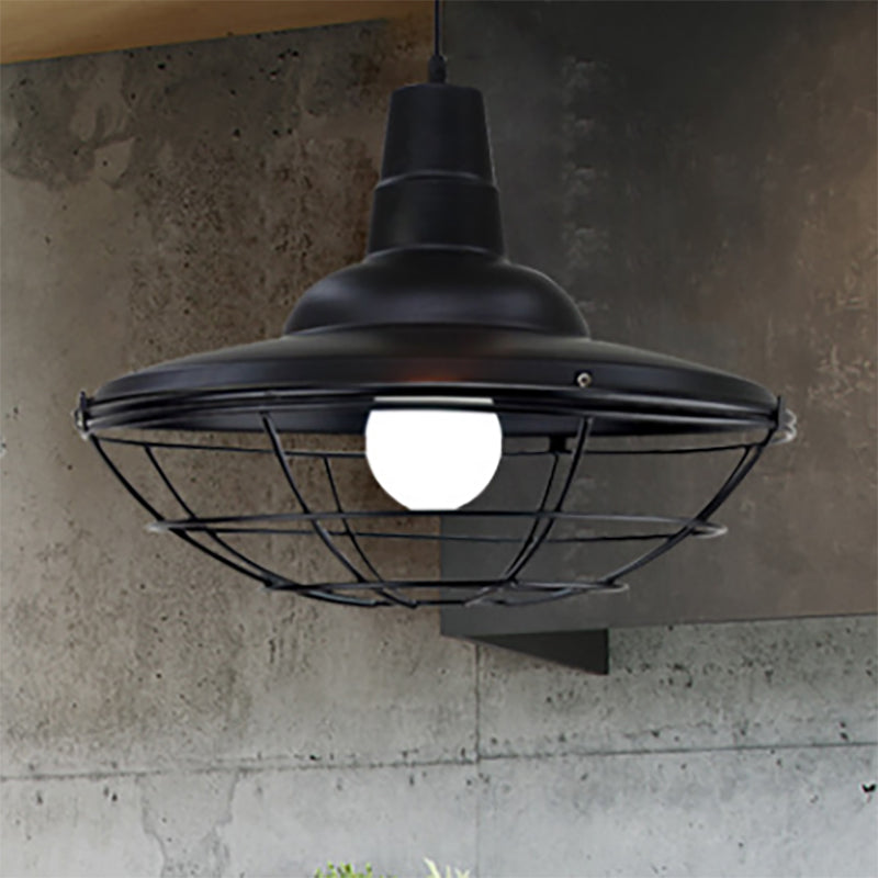 Industrial Black Metal Saucer Pendant Light With Cage Shade - Perfect For Restaurants