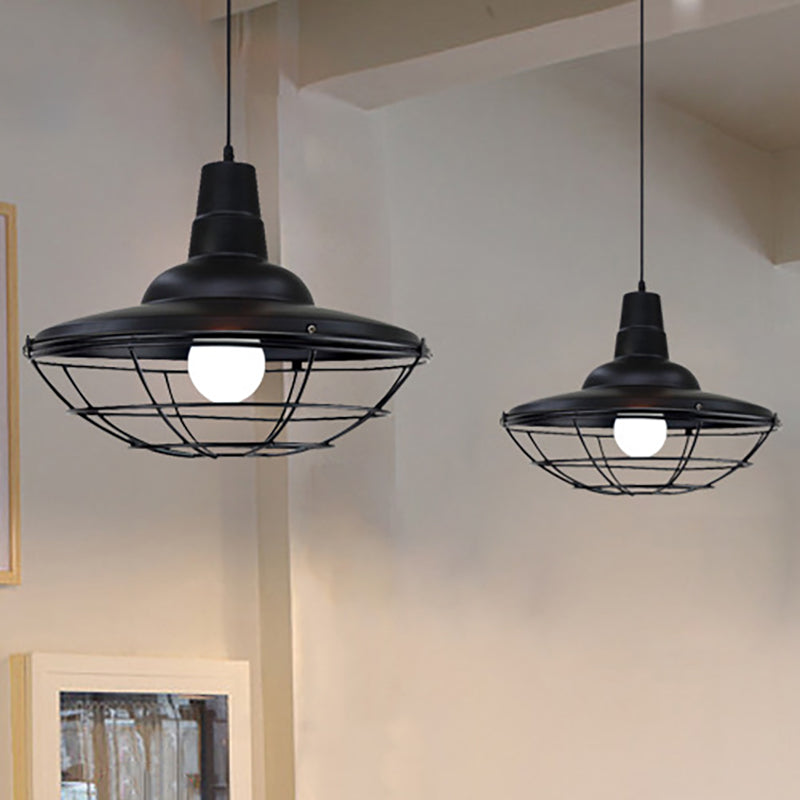 Industrial Black Metal Saucer Pendant Light With Cage Shade - Perfect For Restaurants