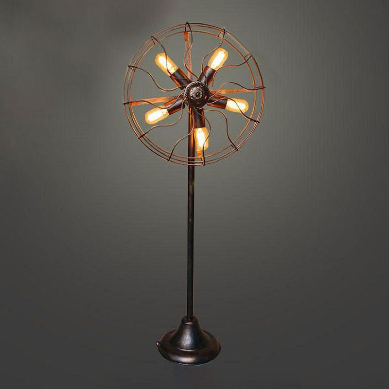 Antique Bronze 5-Light Fan Design Floor Lamp With Cage Shade - Rustic Loft Wrought Iron Indoor